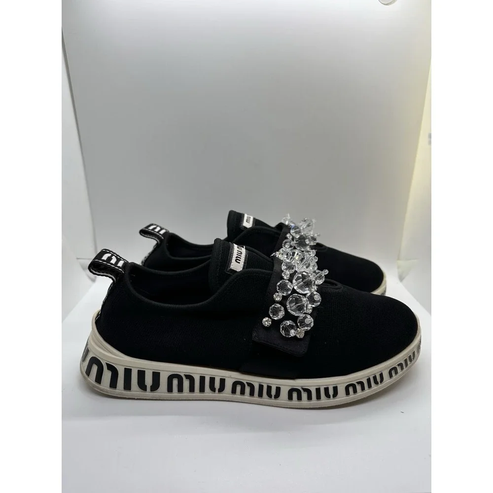 Miu Miu Black Fabric and‎ Satin Crystal Embellished Slip On Sneakers Size 40